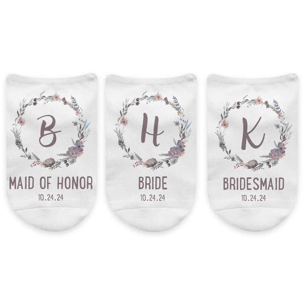 Floral Wedding Monogram No Show Socks for the Bridal Party