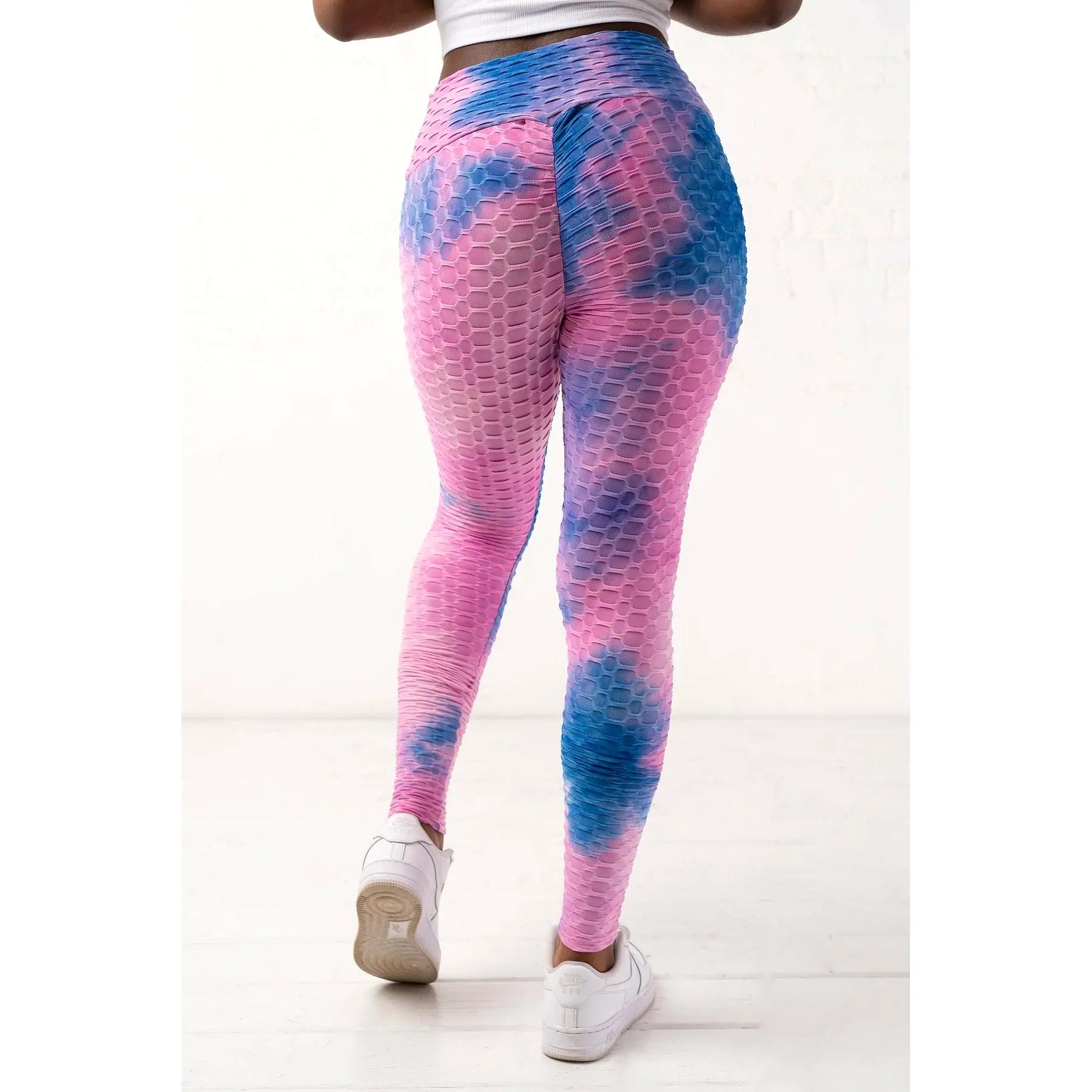 Honeycomb waffle knit pink blue leggings