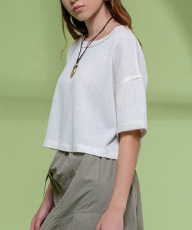 Knit Top with Short Fold Sleeves - Oatmeal